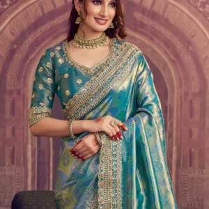 Peacock Blue Embellished Kanjivaram Silk Saree