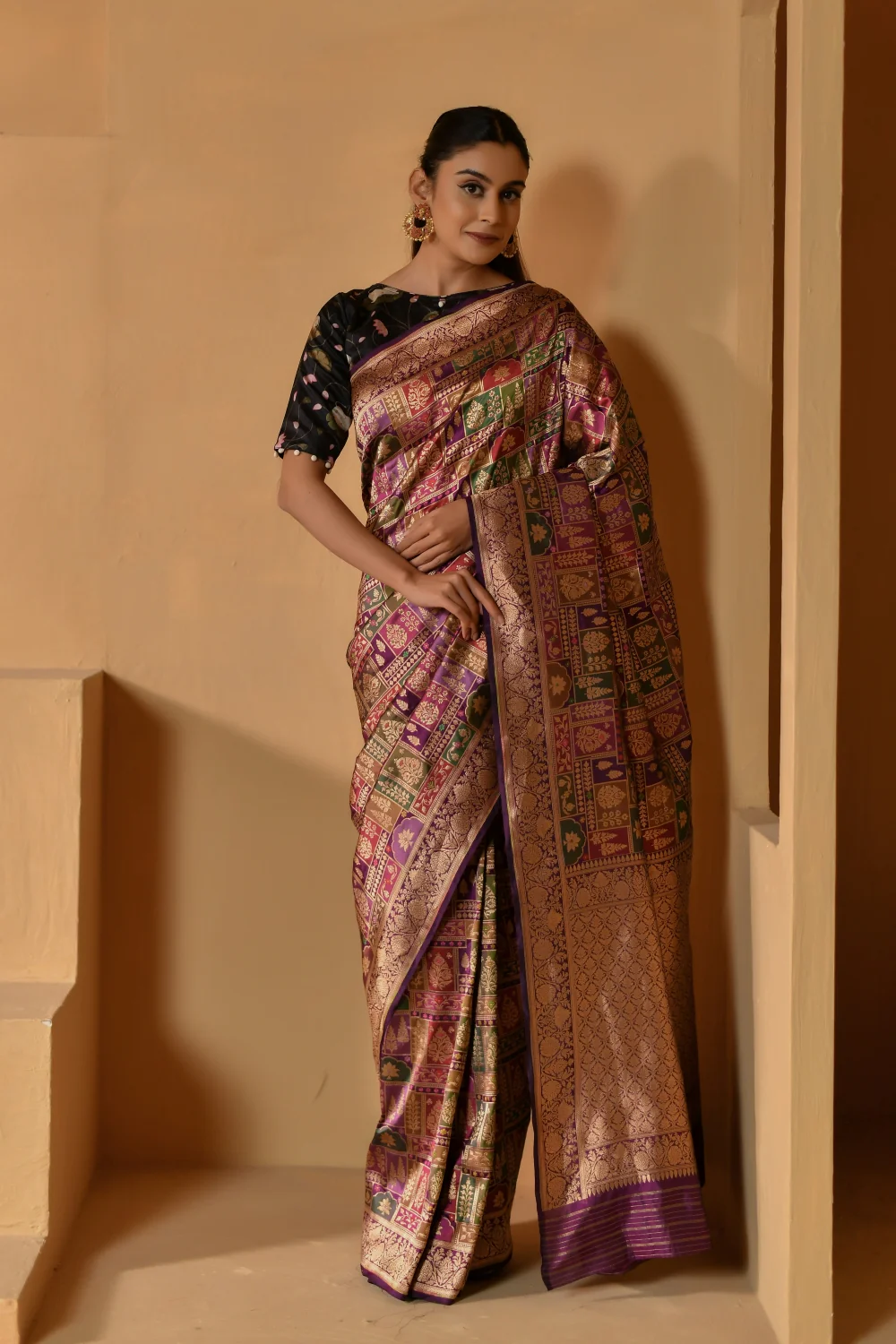 Rich Purple Katan Silk Saree with Floral Motifs - Image 2
