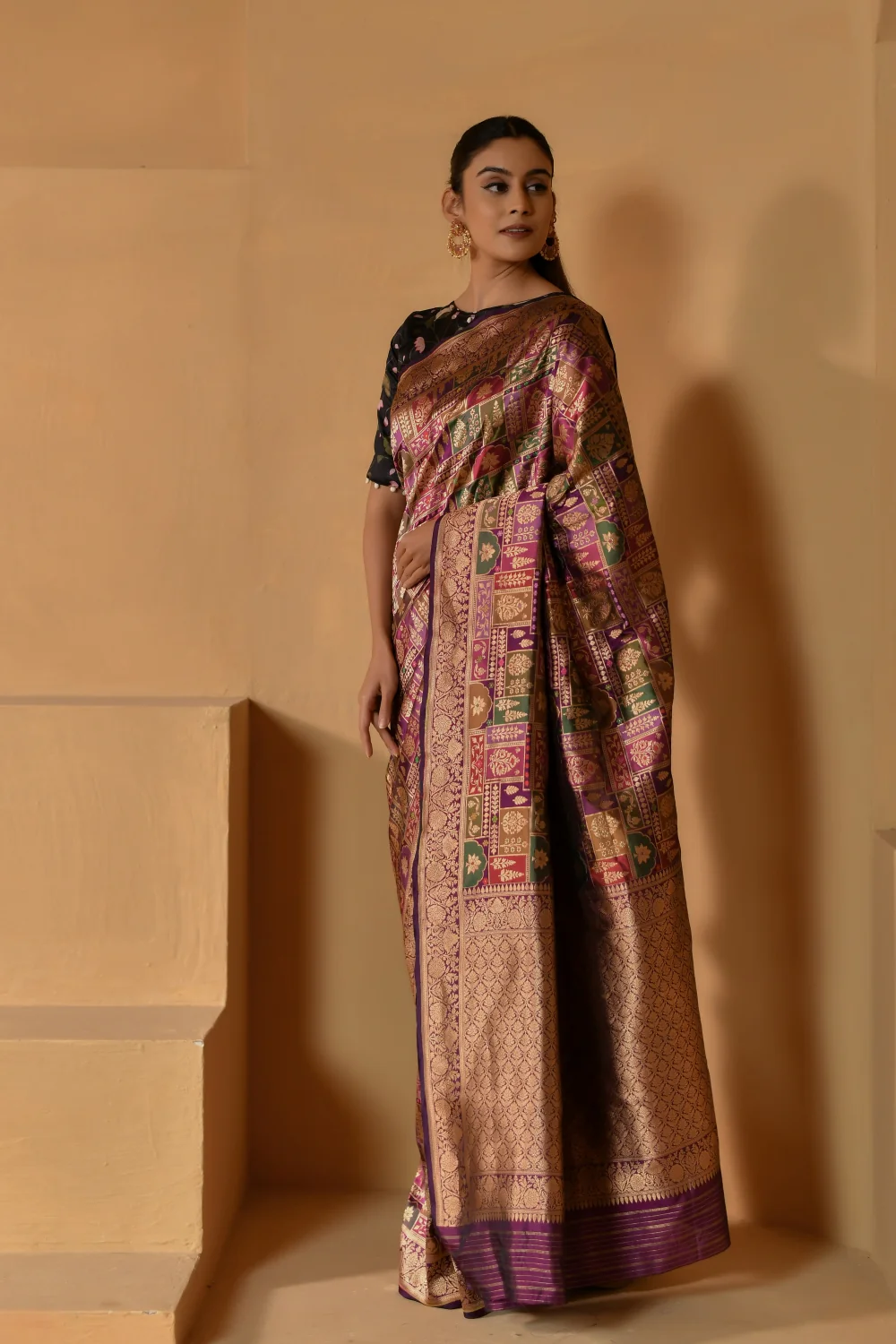 Rich Purple Katan Silk Saree with Floral Motifs - Image 3