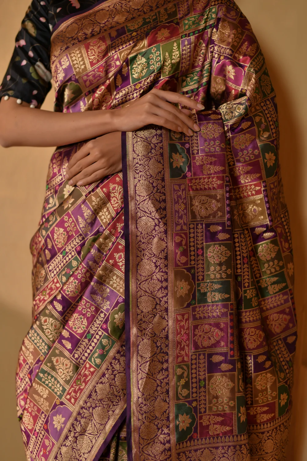 Rich Purple Katan Silk Saree with Floral Motifs - Image 4