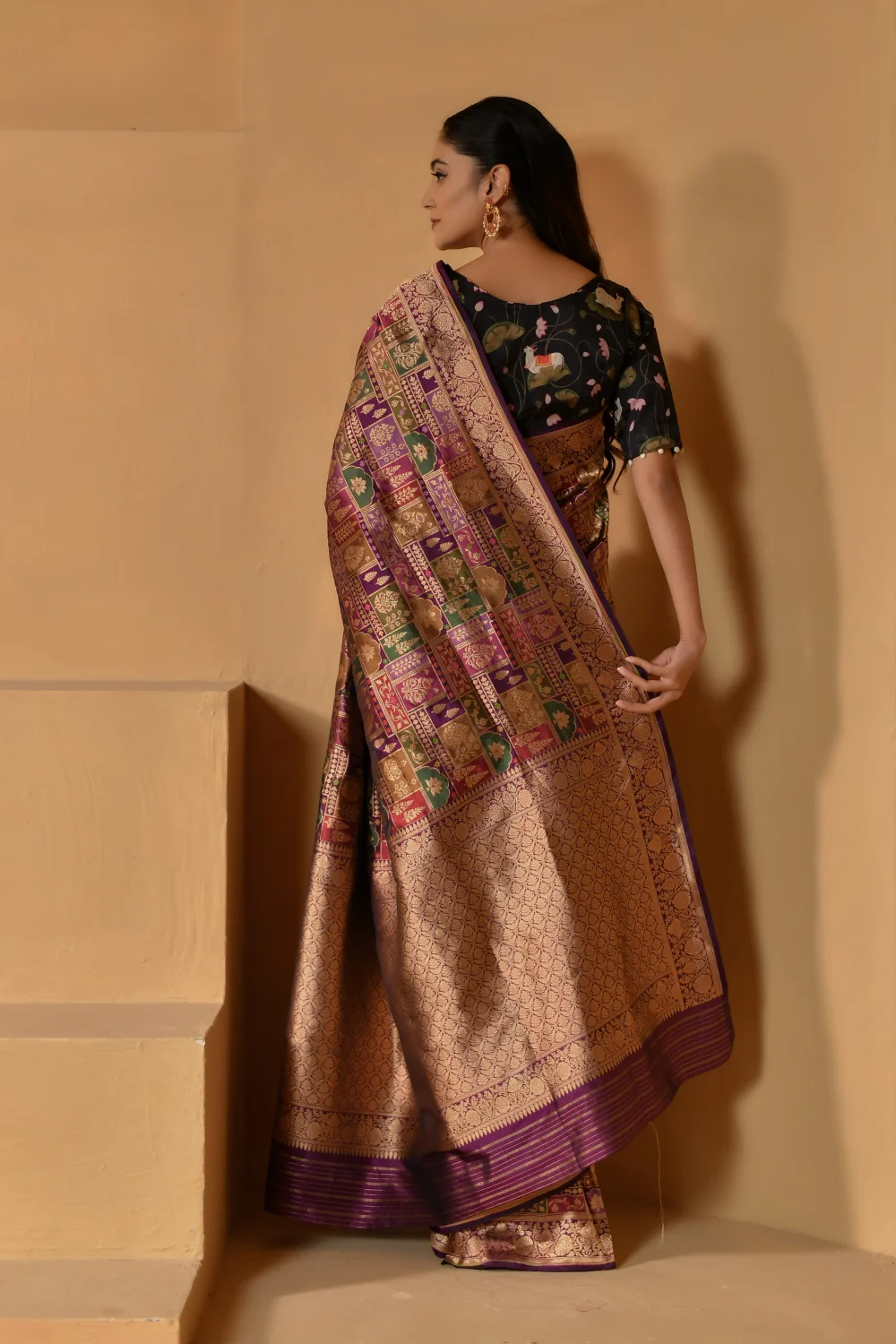 Rich Purple Katan Silk Saree with Floral Motifs - Image 5