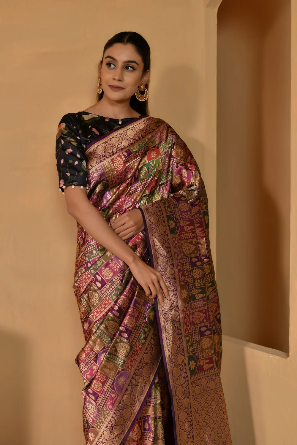 Rich Purple Katan Silk Saree with Floral Motifs - Image 6